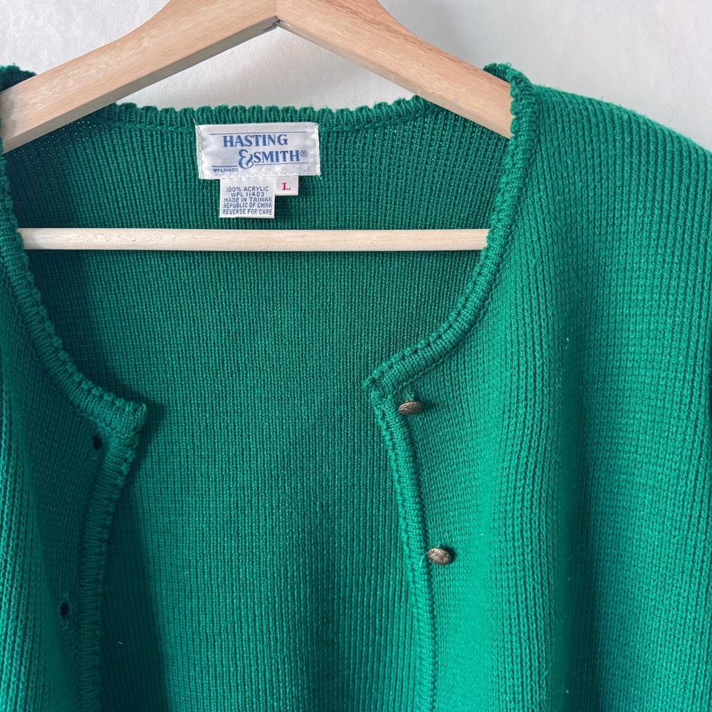 Vintage 90s Green Cardigan Sweater Shoulder Pads Button Front L - Picture 4 of 13
